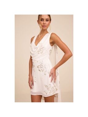 Lulu's White Cowl Neck Floral Embellished Mini Dress
